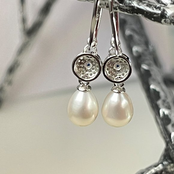 Vintage Style 925S Zirconia And Real Freshwater Drop Pearl Dangle Hook Earrings - Picture 6 of 12